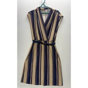 Vintage Women’s Striped Dress – Size 12 Beige & Navy Stripes – Belted, V-Neck